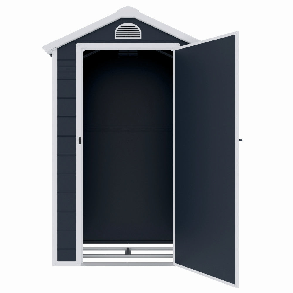 Casuta / magazie de gradina premium, panel plastic si ranforsare metal, MESTERINO AVE-A, Gri/Bej, dimensiuni 134x104x204 cm, usa cu balama, baza metalica