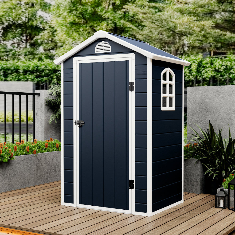 Casuta / magazie de gradina premium, panel plastic si ranforsare metal, MESTERINO AVE-A, Gri/Bej, dimensiuni 134x104x204 cm, usa cu balama, baza metalica
