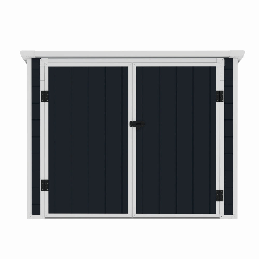 Casuta / magazie de gradina premium, panel plastic si ranforsare metal, MESTERINO Colin-A, Gri/Bej, dimensiuni 199x90x149 cm, usi cu balama, baza metalica
