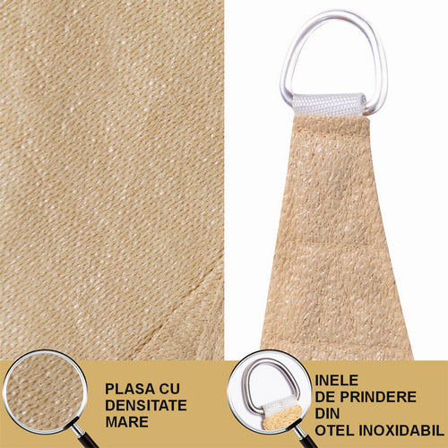 Umbrar/prelata de soare triunghi din PE, MESTERINO PE180030303 3 m X 3 m X 3 m, densitate 180g/mp, culoare bej, protectie UV