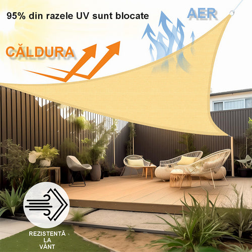 Umbrar/prelata de soare triunghi din PE, MESTERINO PE180030303 3 m X 3 m X 3 m, densitate 180g/mp, culoare bej, protectie UV