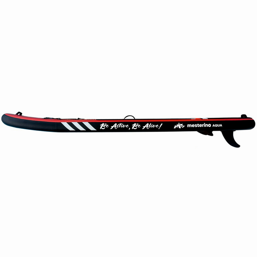 Set placa gonflabila Stand Up Paddle Mesterino Aqua SUP081, 320x81x15cm, geantă de transport, vasla, pompa, scaun, lesa, kit de reparatii, culoare Abstract Negru-Rosu