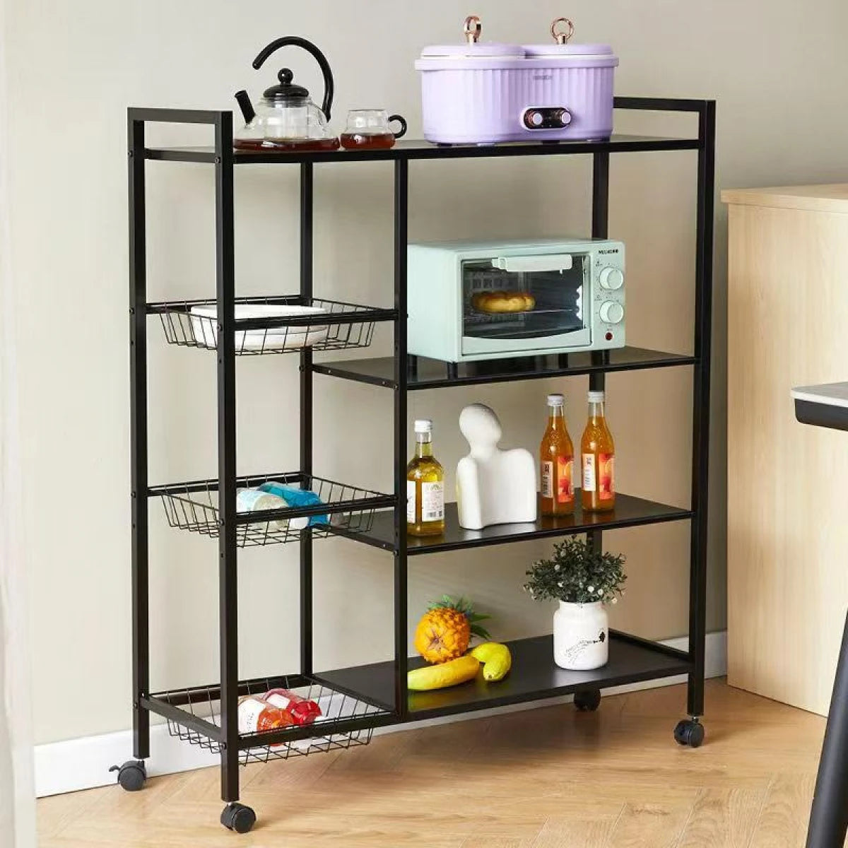 Raft metalic cu 4 polite si 3 cosuri pentru depozitare, portabil, 90  x 32  x 108  cm, negru