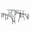 Set masa pliabila 4 persoane din otel cu HDPE 180x70x74 cm + doua banci pliabile din otel si HDPE 183x28x43cm, MESTERINO FURNITURE KJC2061-SET, culoare alba