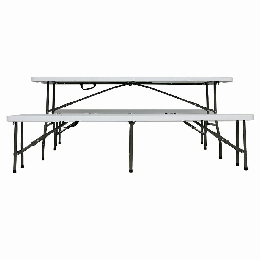 Set masa pliabila 4 persoane din otel cu HDPE 180x70x74 cm + doua banci pliabile din otel si HDPE 183x28x43cm, MESTERINO FURNITURE KJC2061-SET, culoare alba
