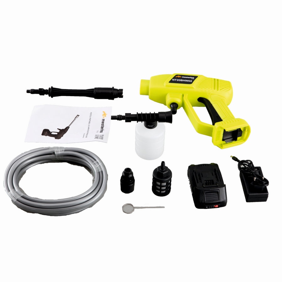 Aparat de spalat cu presiune pe acumulator MESTERINO TOOLS NT20BHW02, putere 300W, debit 5 L/min, presiune 24 bari, acumulator 2A / 21V, lungime furtun 5 m