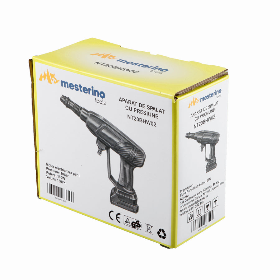Aparat de spalat cu presiune pe acumulator MESTERINO TOOLS NT20BHW02, putere 300W, debit 5 L/min, presiune 24 bari, acumulator 2A / 21V, lungime furtun 5 m