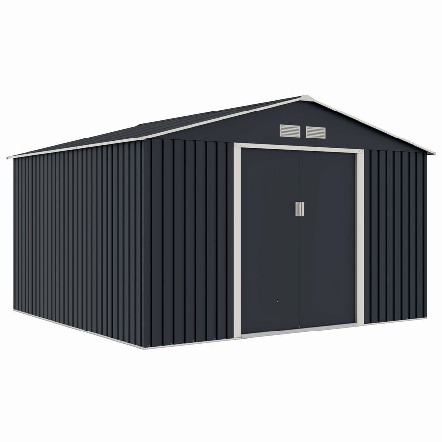 Casuta / magazie de gradina metalica MESTERINO S1001-G gri/bej 321x301x205 cm, usi culisante, baza metalica CADOU