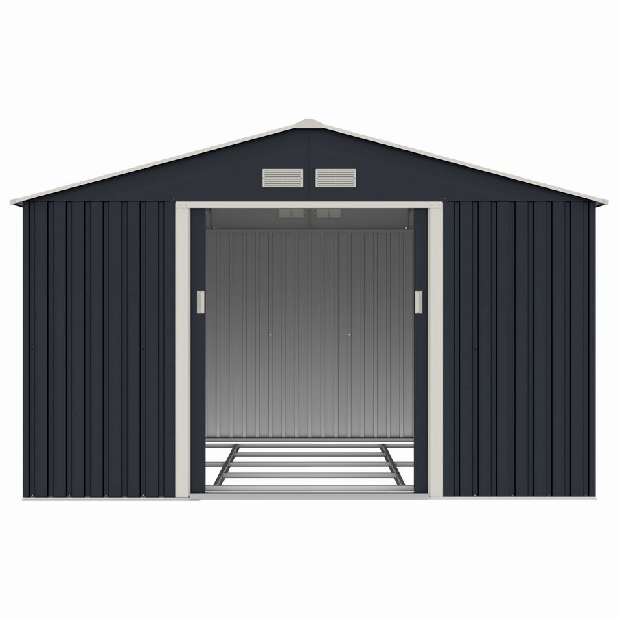 Casuta / magazie de gradina metalica MESTERINO S1001-G gri/bej 321x301x205 cm, usi culisante, baza metalica CADOU