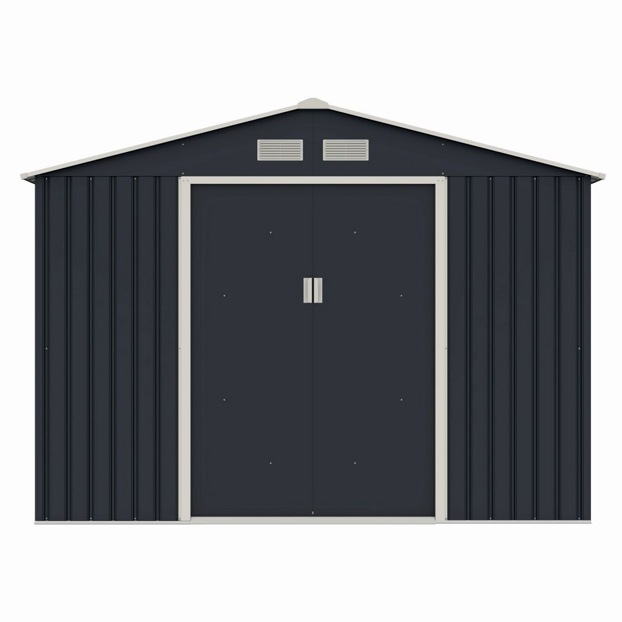 Casuta / magazie de gradina metalica MESTERINO Archer-E, gri/bej, 277x322x203 cm, cu usi culisante, baza metalica CADOU