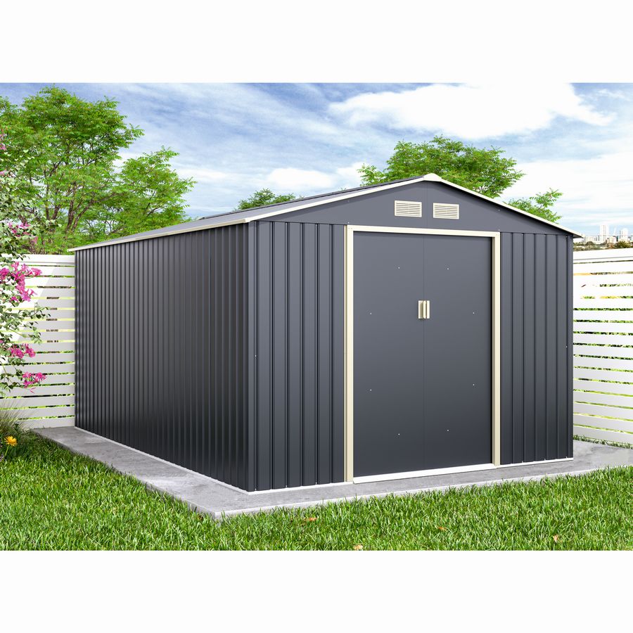 Casuta / magazie de gradina metalica MESTERINO Archer-E, gri/bej, 277x322x203 cm, cu usi culisante, baza metalica CADOU