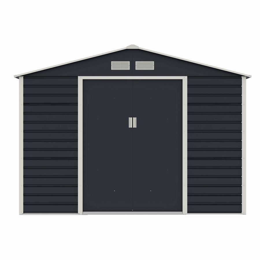 Casuta / magazie de gradina metalica MESTERINO Evan-E, gri/bej, 277x322x200 cm, cu usi culisante, baza metalica CADOU