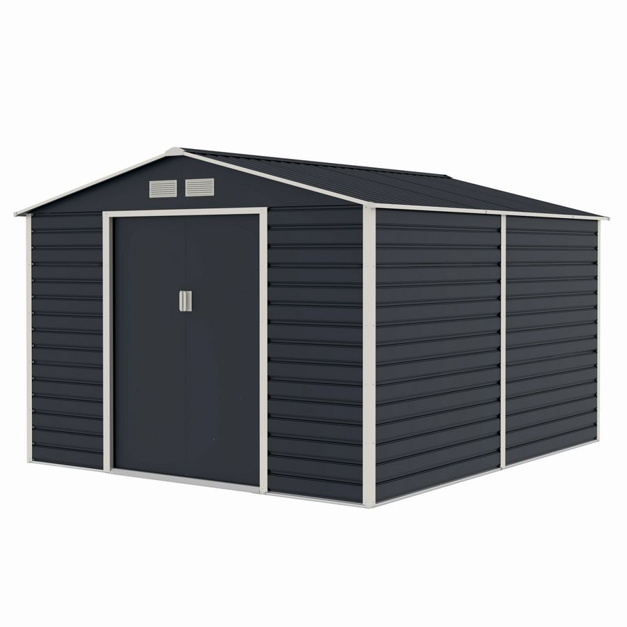Casuta / magazie de gradina metalica MESTERINO Evan-E, gri/bej, 277x322x200 cm, cu usi culisante, baza metalica CADOU