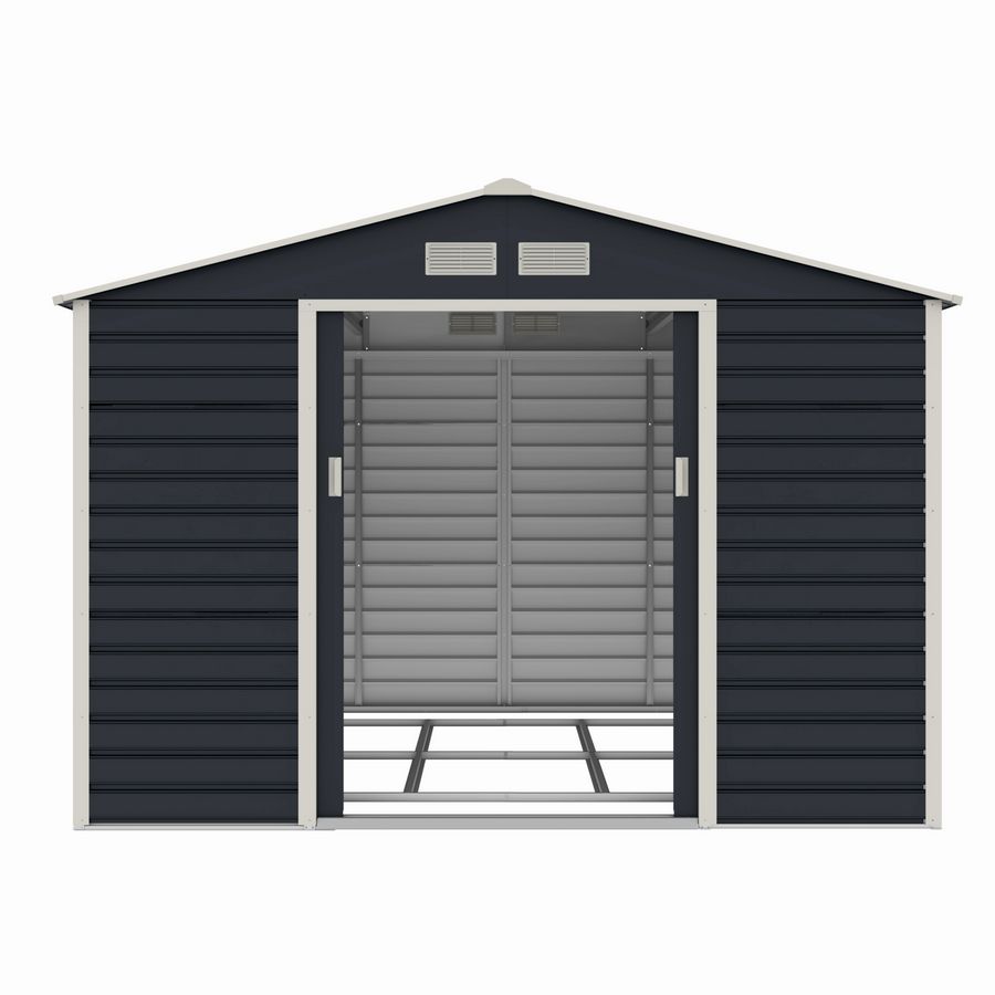Casuta / magazie de gradina metalica MESTERINO Evan-E, gri/bej, 277x322x200 cm, cu usi culisante, baza metalica CADOU