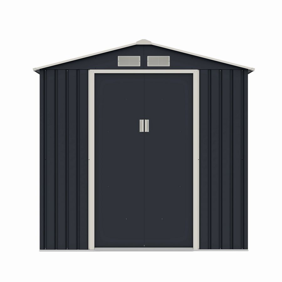 Casuta / magazie de gradina metalica MESTERINO Archer-Plus-C-3, gri/bej, 213x322x205 cm, cu usi culisante, baza metalica CADOU