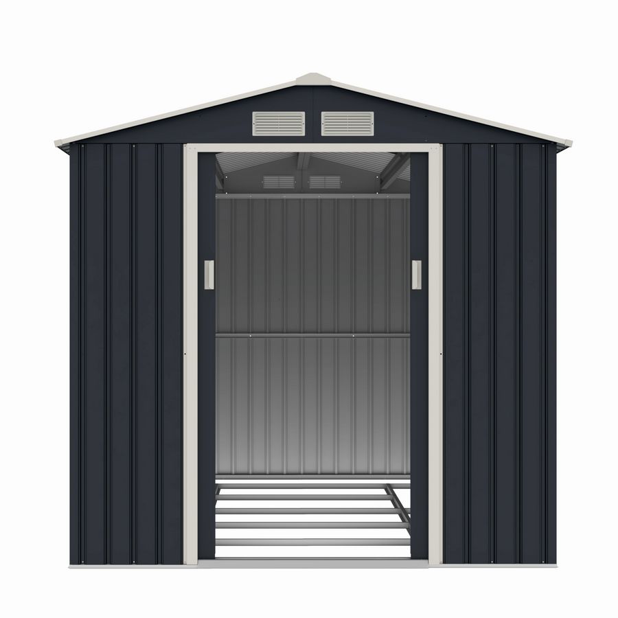 Casuta / magazie de gradina metalica MESTERINO Archer-Plus-C-3, gri/bej, 213x322x205 cm, cu usi culisante, baza metalica CADOU