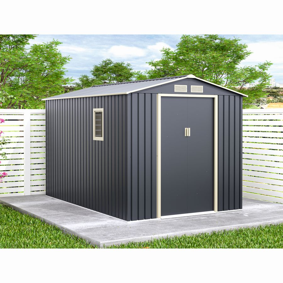 Casuta / magazie de gradina metalica MESTERINO Archer-Plus-C-3, gri/bej, 213x322x205 cm, cu usi culisante, baza metalica CADOU