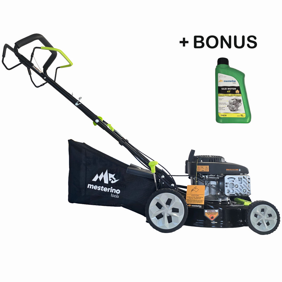 Masina tuns iarba/gazon autopropulsata MESTERINO BJXSM41-139, motor LONCIN 4 timpi, 3.3 cai, sasiu metal, latime taiere 41 cm, 8 nivele de taiere, sac colector 45 litri