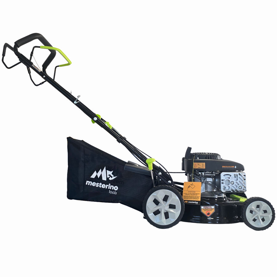 Masina tuns iarba/gazon autopropulsata MESTERINO BJXSM41-139, motor LONCIN 4 timpi, 3.3 cai, sasiu metal, latime taiere 41 cm, 8 nivele de taiere, sac colector 45 litri