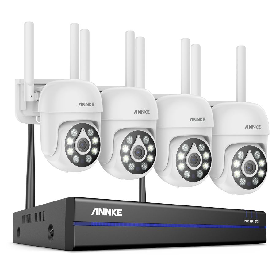 Sistem performant de supraveghere video WiFi ANNKE N98WHR+I51CP*4, NVR 8 canale, 4 camere tip Dome interior/exterior 5MP, Ultra HD/2k+, vedere nocturna IR, audio, rezistent la intemperii