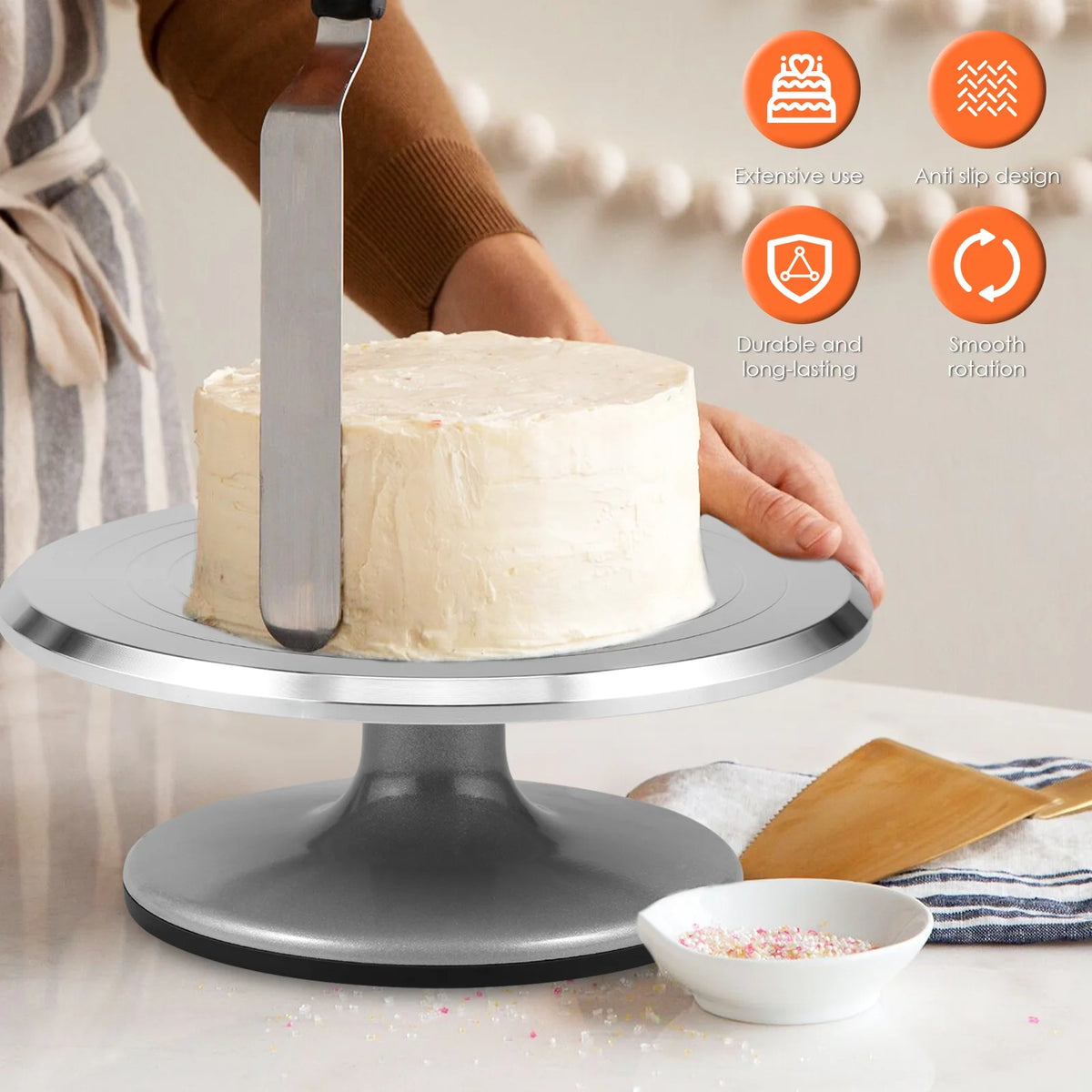 Platou cu picior rotativ pentru decorat tort, aluminiu, diametru 30 cm si picior antiaderent