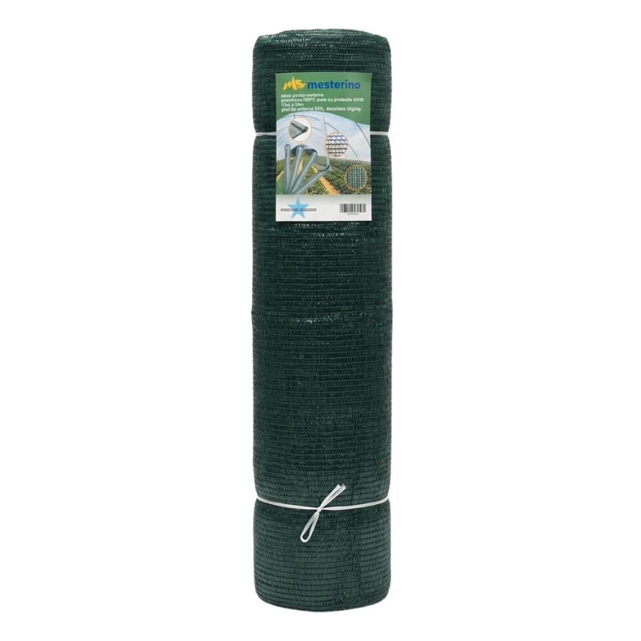 Plasa pentru umbrire, polietilena HDPE pura, MESTERINO 50125050, 12 m X 50 m, grad de umbrire 50%, densitate 50g/mp, verde inchis, protectie UV/IR