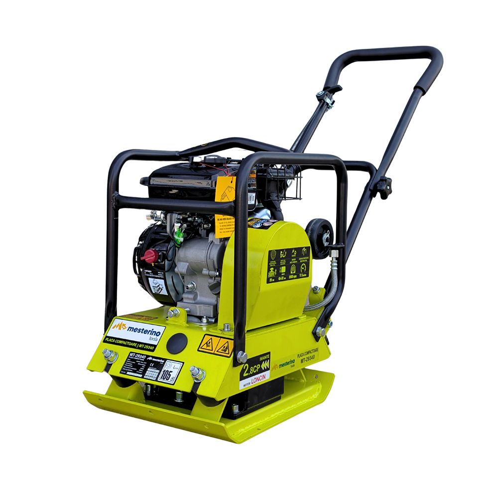 Placa compactoare cu kit roti MESTERINO TOOLS MT-29340, motor LONCIN 79 cc pe benzina, putere 2.8 CP, dimensiuni placa 400 x 320 mm, 5900 vpm, forta centrifuga 8200 N, greutate de operare 50 kg