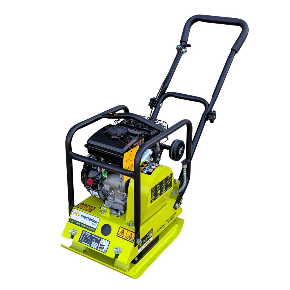 Placa compactoare cu kit roti MESTERINO TOOLS MT-29340, motor LONCIN 79 cc pe benzina, putere 2.8 CP, dimensiuni placa 400 x 320 mm, 5900 vpm, forta centrifuga 8200 N, greutate de operare 50 kg