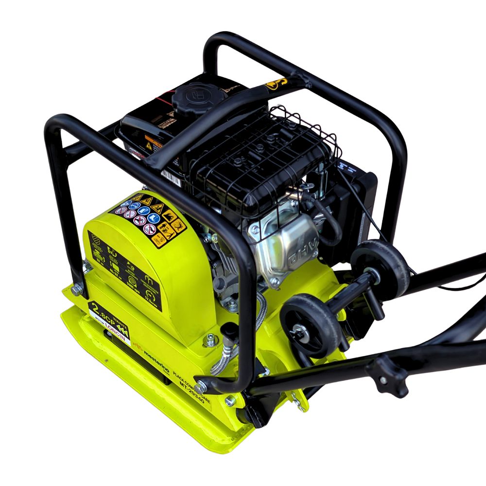 Placa compactoare cu kit roti MESTERINO TOOLS MT-29340, motor LONCIN 79 cc pe benzina, putere 2.8 CP, dimensiuni placa 400 x 320 mm, 5900 vpm, forta centrifuga 8200 N, greutate de operare 50 kg