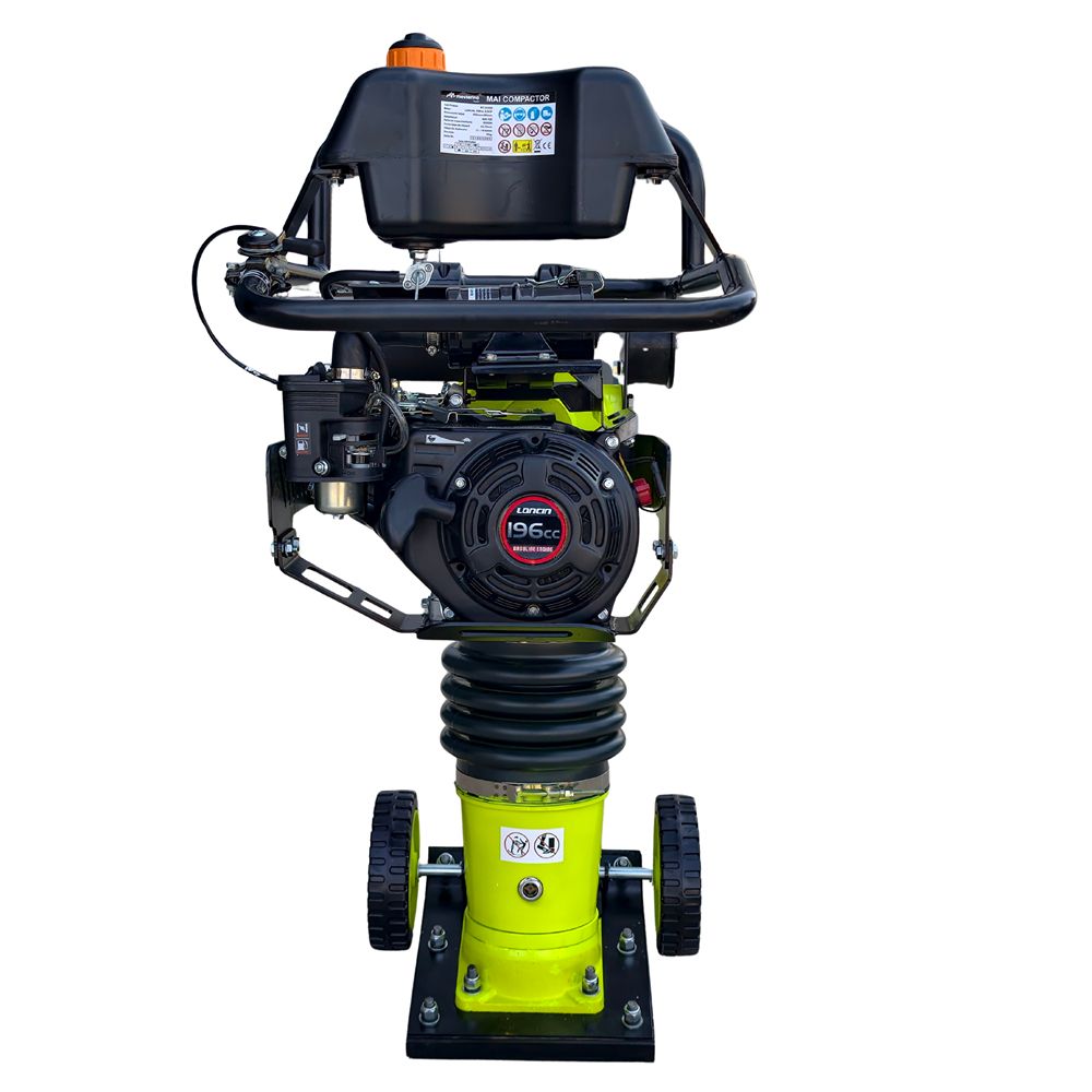 Mai compactor cu kit roti MESTERINO TOOLS MT-29348, motor LONCIN 196 cc pe benzina, putere 6.5 CP, dimensiune talpa 355x280 mm, 600-700 bpm, forta impact 18500 N, greutate 78 kg