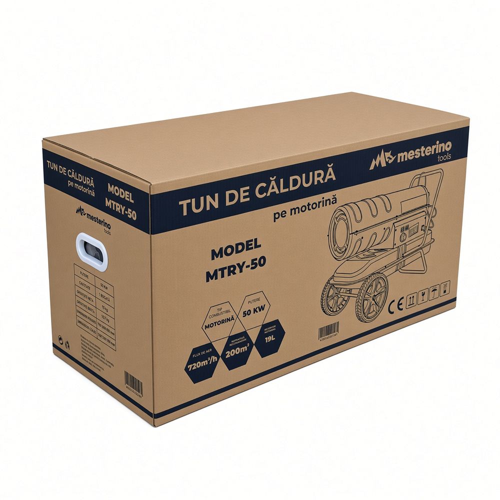 Tun de caldura pe motorina MESTERINO MTRY-50, putere 50 KW, ventilator 230 W, volum aer 720 m3/h, capacitate rezervor combustibil 19 litri
