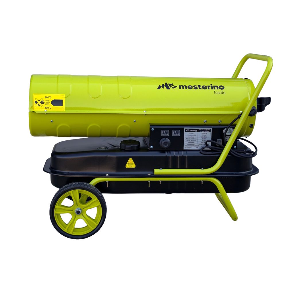 Tun de caldura pe motorina MESTERINO MTRY-70, putere 70 KW, ventilator 240 W, volum aer 1100 m3/h, capacitate rezervor combustivil 38 litri