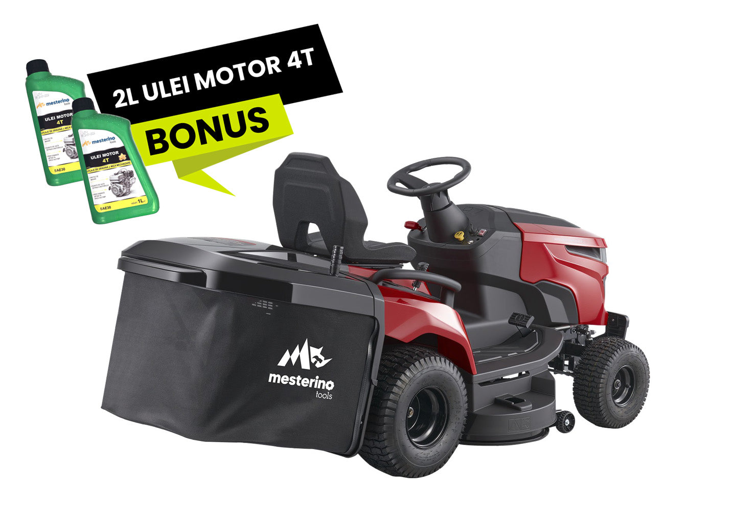 Tractoras pentru tuns gazon/iarba MESTERINO TOOLS MTBJXRM38R-D452, motor LONCIN 452 cmc, putere 12.5 cai, latime de taiere 965 mm, 7 nivele taiere, sac colector 250 litri