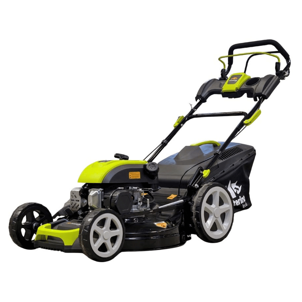 Masina autopropulsata pentru tuns gazonul Mesterino Tools MTBJXPM46N-169 cu motor QL170, 4CP, diametru taiere 457mm/18inch, 8 inaltimi de taiere, roti fata 8 inch, roti spate 11 inch, sac colector 60l colectare, evacuare lateral si mulcire