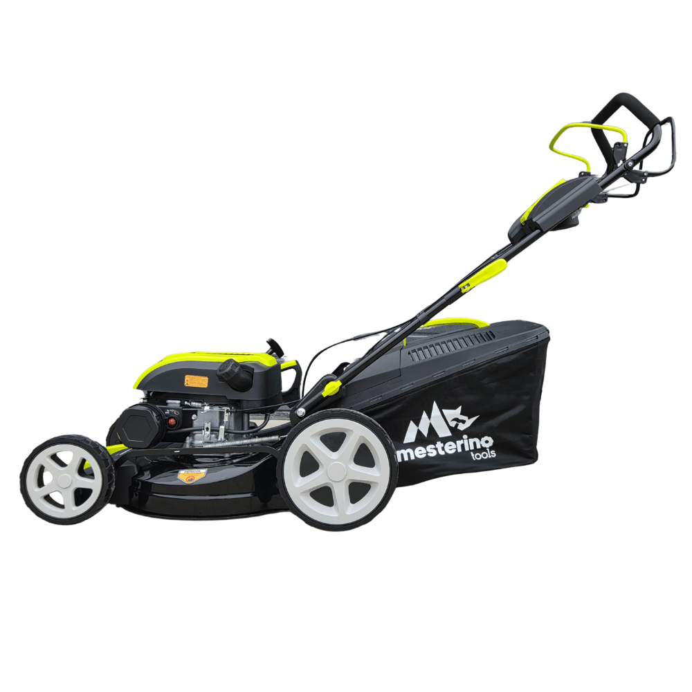 Masina autopropulsata pentru tuns gazonul Mesterino Tools MTBJXPM46N-169 cu motor QL170, 4CP, diametru taiere 457mm/18inch, 8 inaltimi de taiere, roti fata 8 inch, roti spate 11 inch, sac colector 60l colectare, evacuare lateral si mulcire