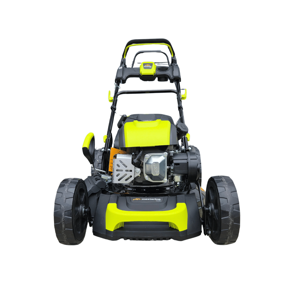 Masina autopropulsata pentru tuns gazonul Mesterino Tools MTBJXPM46N-169 cu motor QL170, 4CP, diametru taiere 457mm/18inch, 8 inaltimi de taiere, roti fata 8 inch, roti spate 11 inch, sac colector 60l colectare, evacuare lateral si mulcire