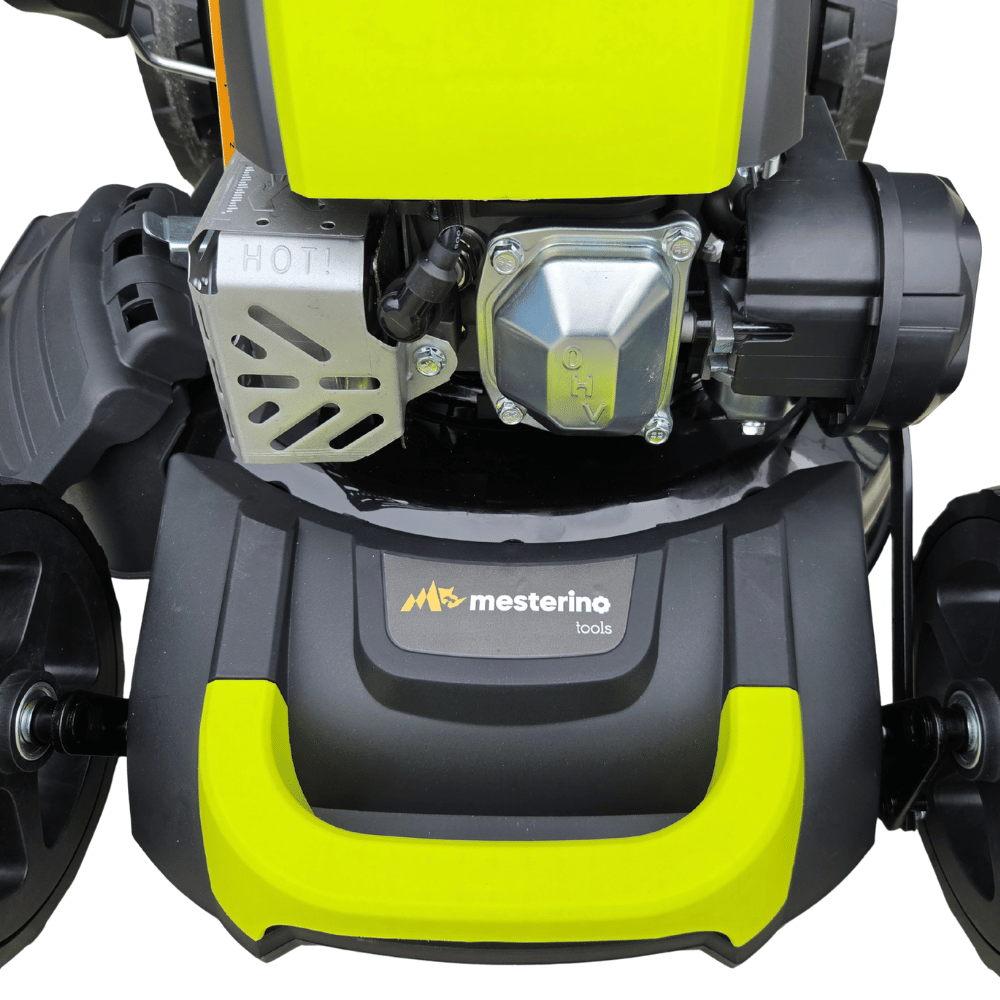 Masina autopropulsata pentru tuns gazonul Mesterino Tools MTBJXPM46N-169 cu motor QL170, 4CP, diametru taiere 457mm/18inch, 8 inaltimi de taiere, roti fata 8 inch, roti spate 11 inch, sac colector 60l colectare, evacuare lateral si mulcire