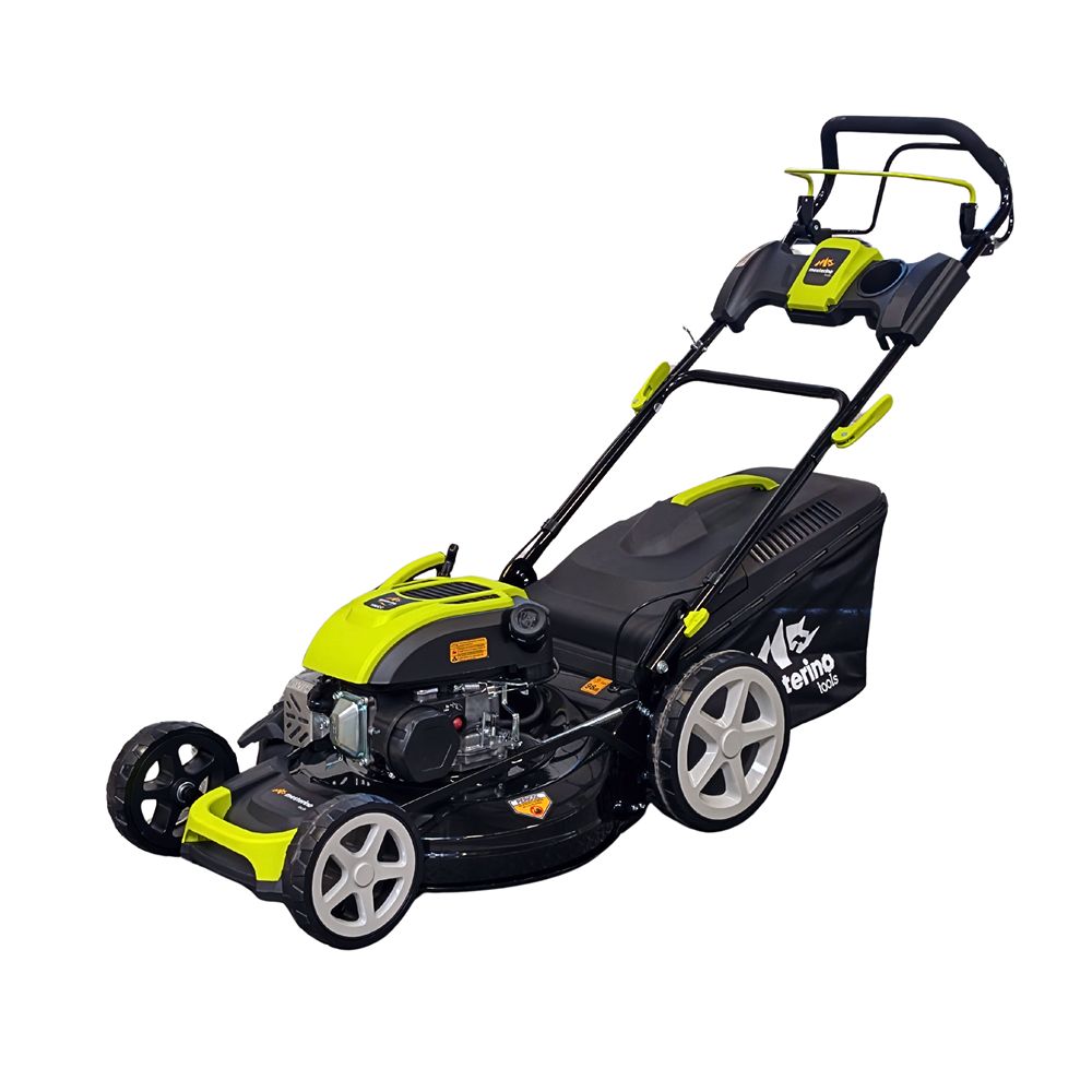 Masina autopropulsata pentru tuns gazonul Mesterino Tools MTBJXPM51N-196 cu motor QL200, 5CP, diametru taiere 508mm/20inch, 8 inaltimi de taiere, roti fata 8 inch, roti spate 11 inch sac colector 60l colectare, evacuare lateral si mulcire
