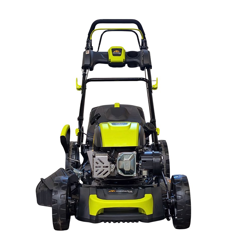 Masina autopropulsata pentru tuns gazonul Mesterino Tools MTBJXPM51N-196 cu motor QL200, 5CP, diametru taiere 508mm/20inch, 8 inaltimi de taiere, roti fata 8 inch, roti spate 11 inch sac colector 60l colectare, evacuare lateral si mulcire