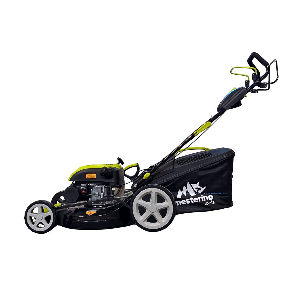 Masina autopropulsata pentru tuns gazonul Mesterino Tools MTBJXPM51N-196 cu motor QL200, 5CP, diametru taiere 508mm/20inch, 8 inaltimi de taiere, roti fata 8 inch, roti spate 11 inch sac colector 60l colectare, evacuare lateral si mulcire