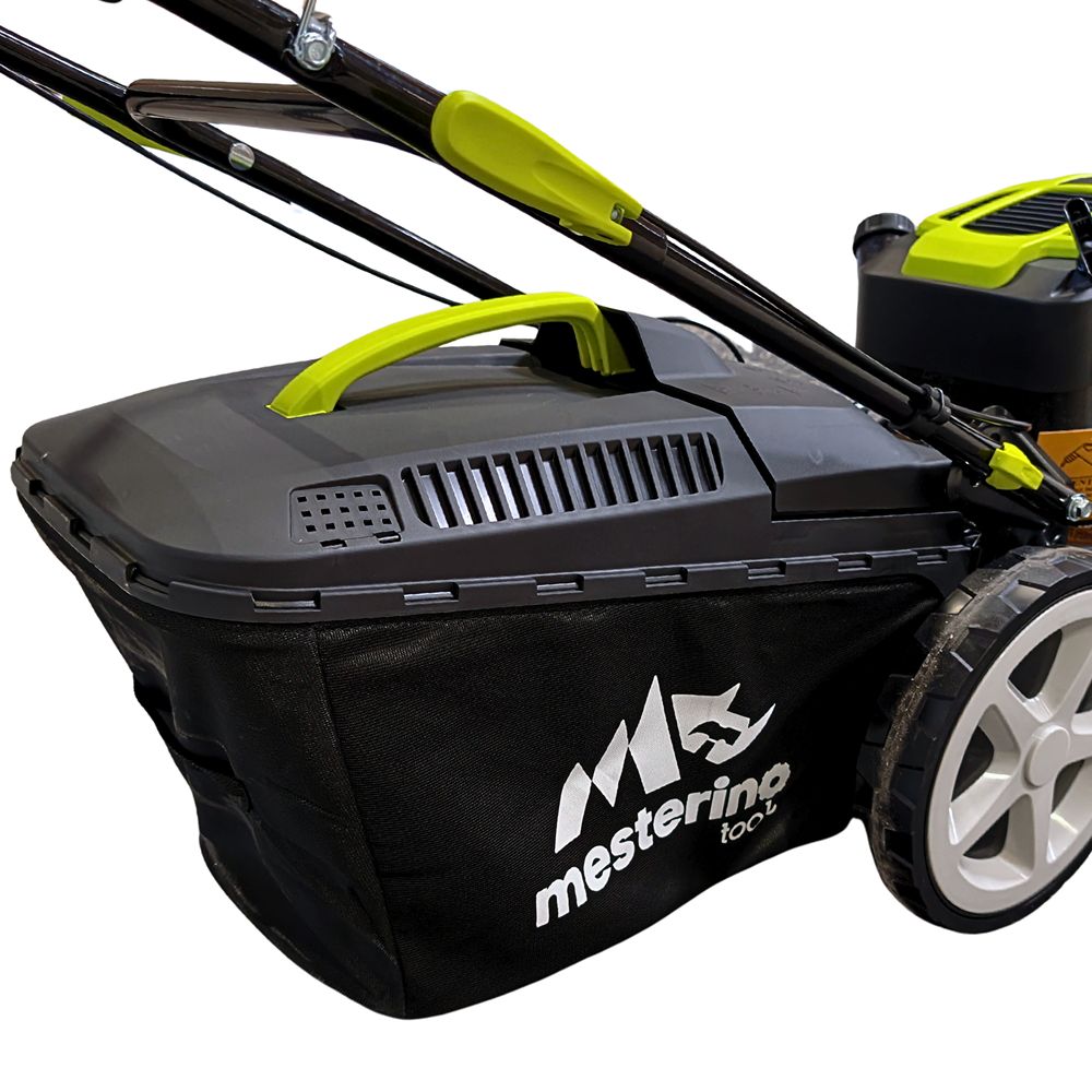 Masina autopropulsata pentru tuns gazonul Mesterino Tools MTBJXPM51N-196 cu motor QL200, 5CP, diametru taiere 508mm/20inch, 8 inaltimi de taiere, roti fata 8 inch, roti spate 11 inch sac colector 60l colectare, evacuare lateral si mulcire