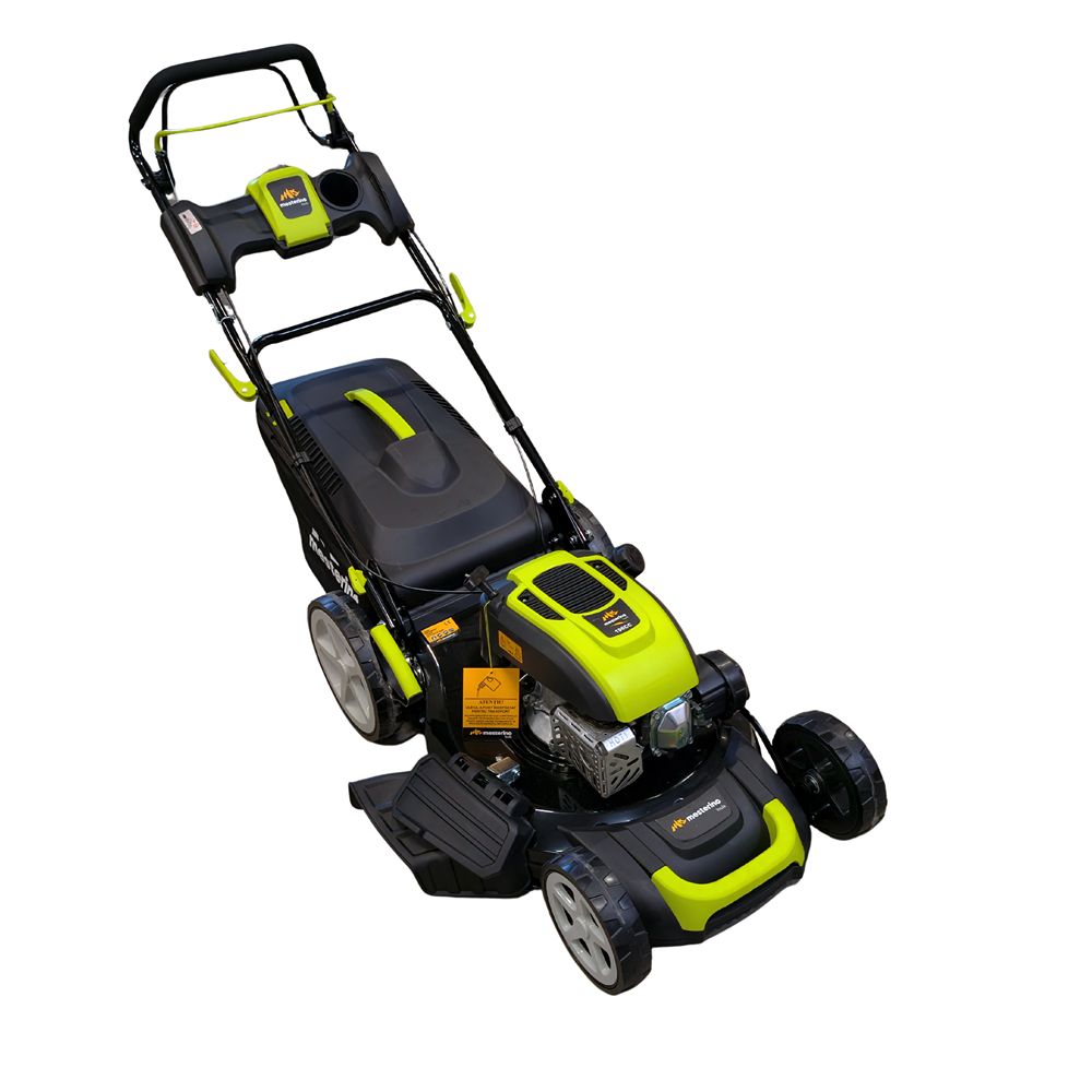 Masina autopropulsata pentru tuns iarba/gazon MESTERINO TOOLS MTBJXPM53N-196, sasiu metal, motor benzina, 196 cmc, 5 CP, latime taiere 53 cm, 8 nivele de taiere, sac colector 60 litri, evacuare laterala si mulcire