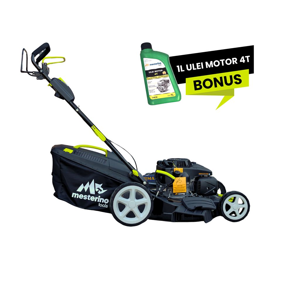 Masina autopropulsata pentru tuns gazonul Mesterino Tools MTBJXPM53N-224 cu motor LONCIN 224cc, 6.1CP, diametru taiere 533mm/21inch, 8 inaltimi de taiere, roti fata 8 inch, roti spate 11 inch, sac colector 60l colectare, evacuare lateral si mulcire
