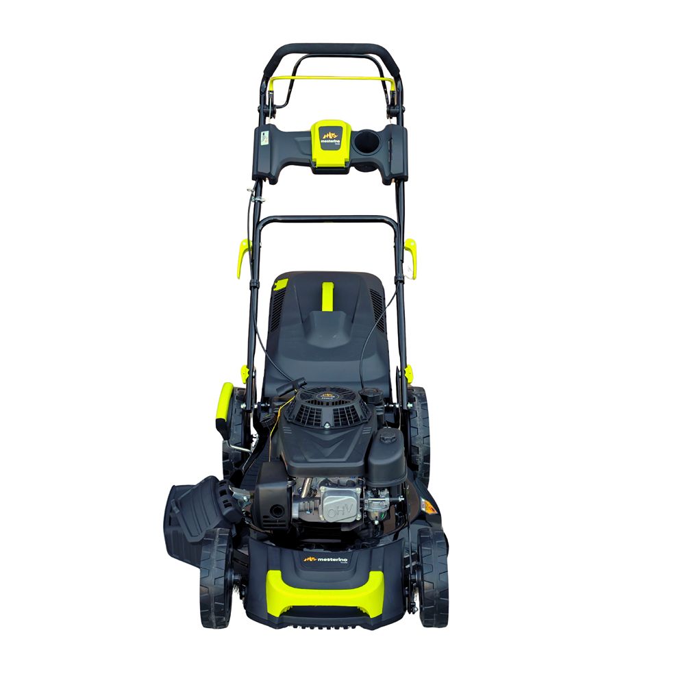 Masina autopropulsata pentru tuns gazonul Mesterino Tools MTBJXPM53N-224 cu motor LONCIN 224cc, 6.1CP, diametru taiere 533mm/21inch, 8 inaltimi de taiere, roti fata 8 inch, roti spate 11 inch, sac colector 60l colectare, evacuare lateral si mulcire