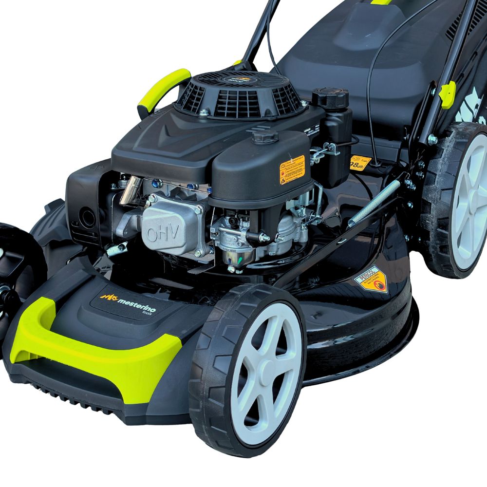 Masina autopropulsata pentru tuns gazonul Mesterino Tools MTBJXPM53N-224 cu motor LONCIN 224cc, 6.1CP, diametru taiere 533mm/21inch, 8 inaltimi de taiere, roti fata 8 inch, roti spate 11 inch, sac colector 60l colectare, evacuare lateral si mulcire