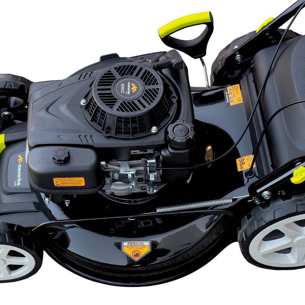 Masina autopropulsata pentru tuns gazonul Mesterino Tools MTBJXPM53N-224 cu motor LONCIN 224cc, 6.1CP, diametru taiere 533mm/21inch, 8 inaltimi de taiere, roti fata 8 inch, roti spate 11 inch, sac colector 60l colectare, evacuare lateral si mulcire