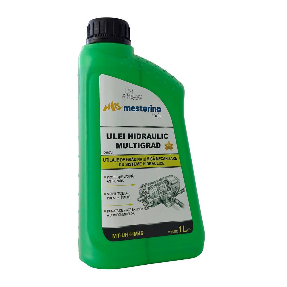 Ulei hidraulic premium pentru utilaje de gradina si mica mecanizare cu sisteme hidraulice MESTERINO MT-UH-HM46, volum 1 litru