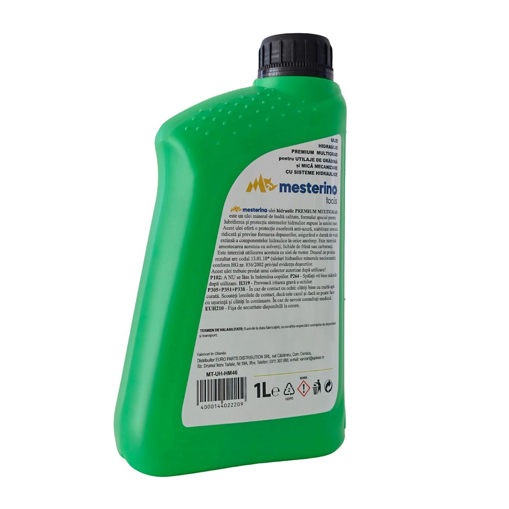 Ulei hidraulic premium pentru utilaje de gradina si mica mecanizare cu sisteme hidraulice MESTERINO MT-UH-HM46, volum 1 litru