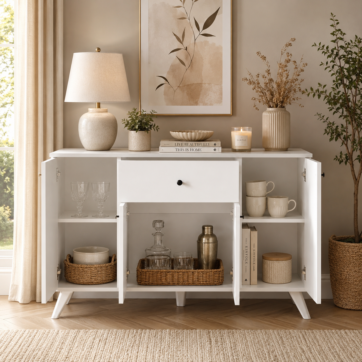 RESIGILAT - Dulap multifunctional 120x43,4x89 cm, cu 4 usi si sertare, pentru bucatarie, camara sau colt de cafea, alb