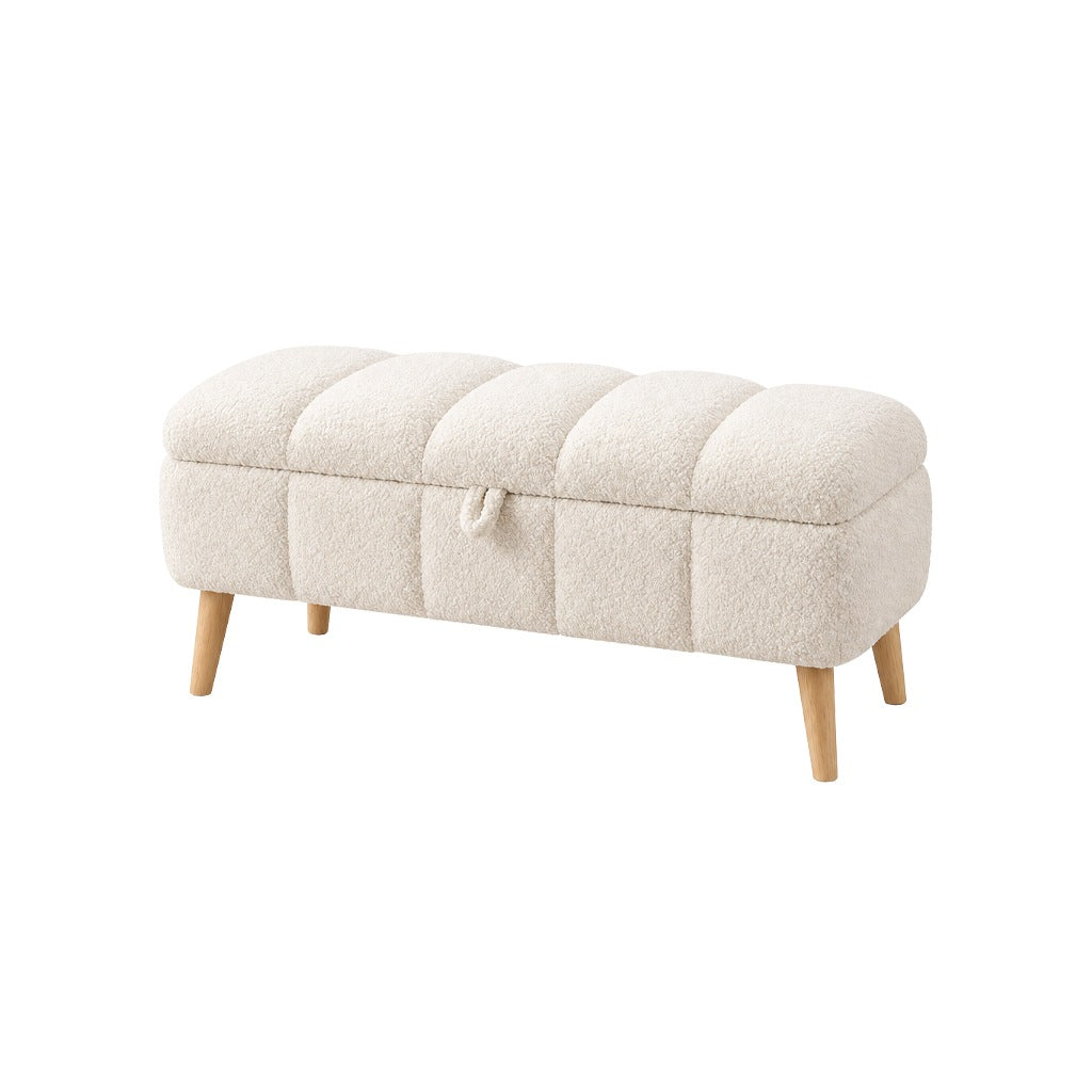 Banchetă tapițată Boucle alb-crem cu spațiu de depozitare – 90 × 35 × 45 cm - detaliu produs